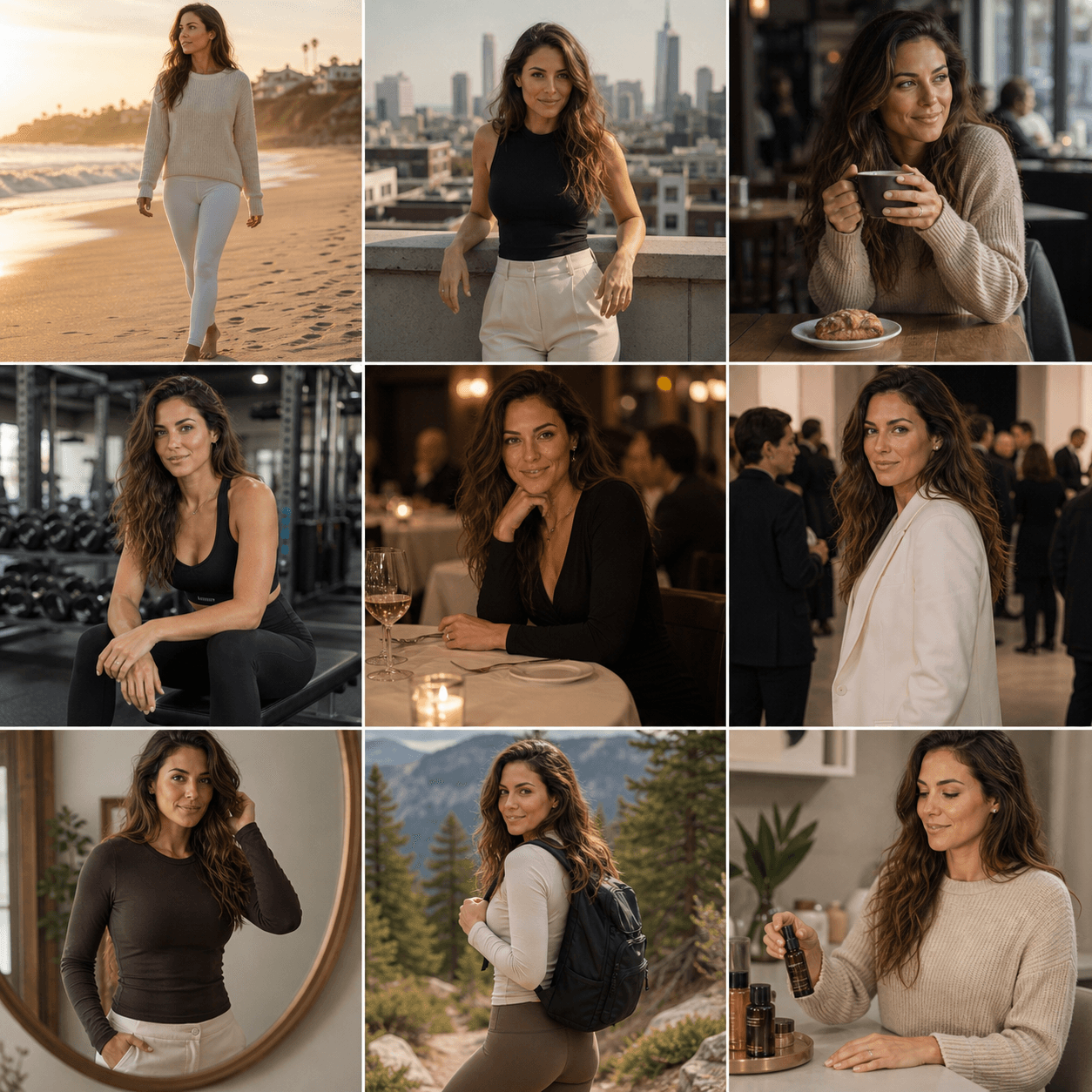 AI character Instagram grid with 9 lifestyle posts