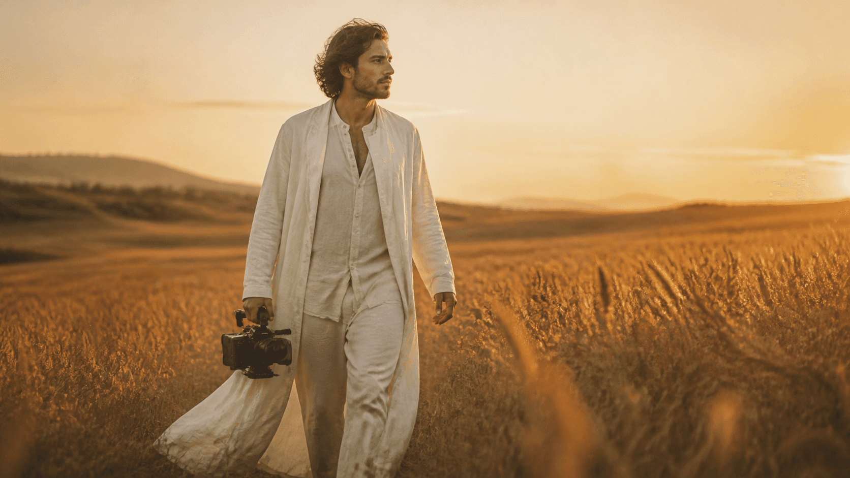 AI generated cinematic video frame - woman in wheat field