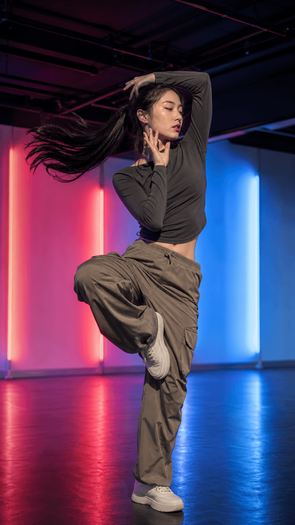 Dynamic TikTok dance with neon lights and motion blur