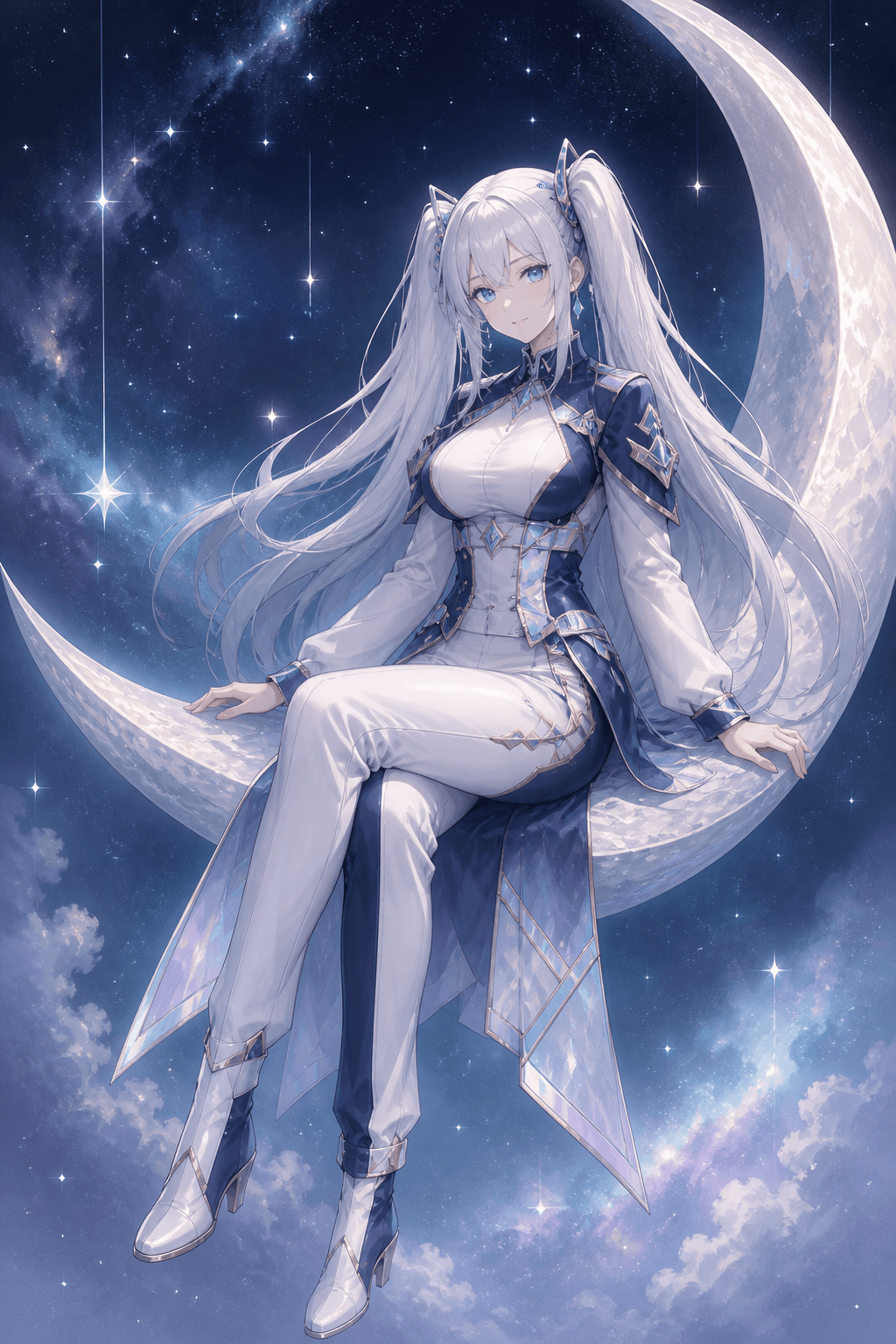 AI anime girl with silver twin tails on crescent moon