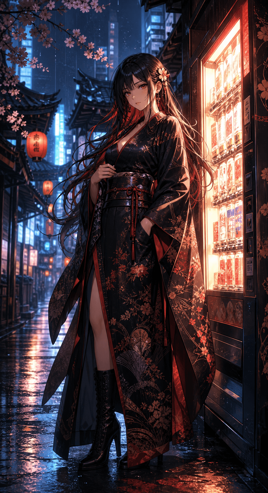 Anime girl in kimono with neon cyberpunk alley