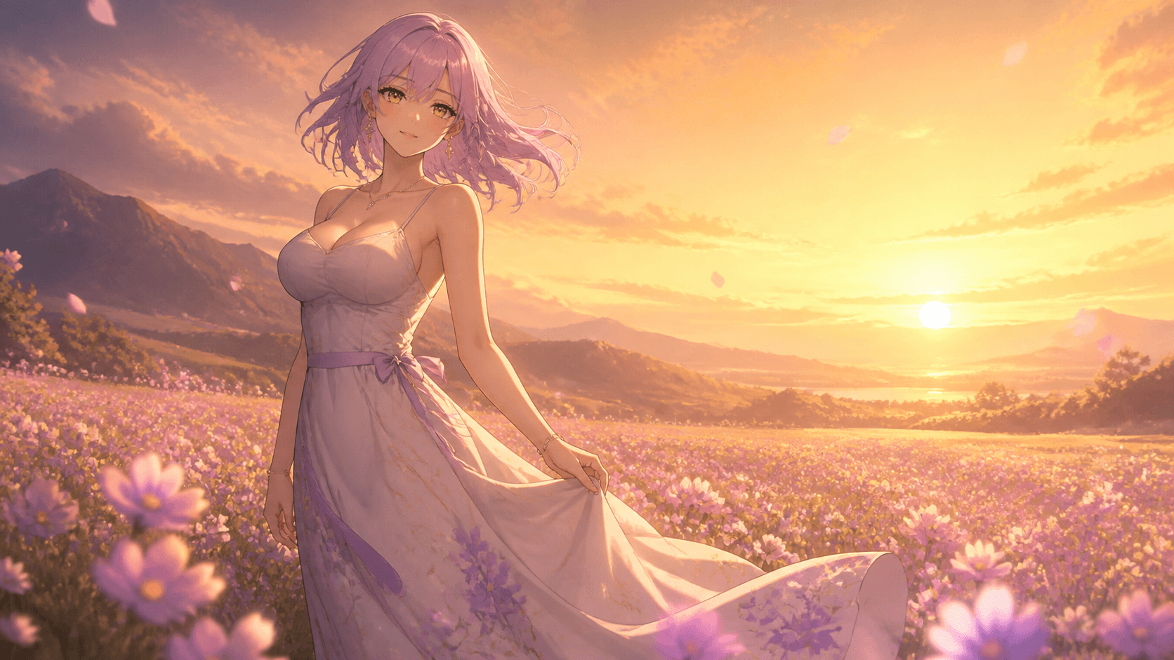Elegant anime girl in flower field at golden hour